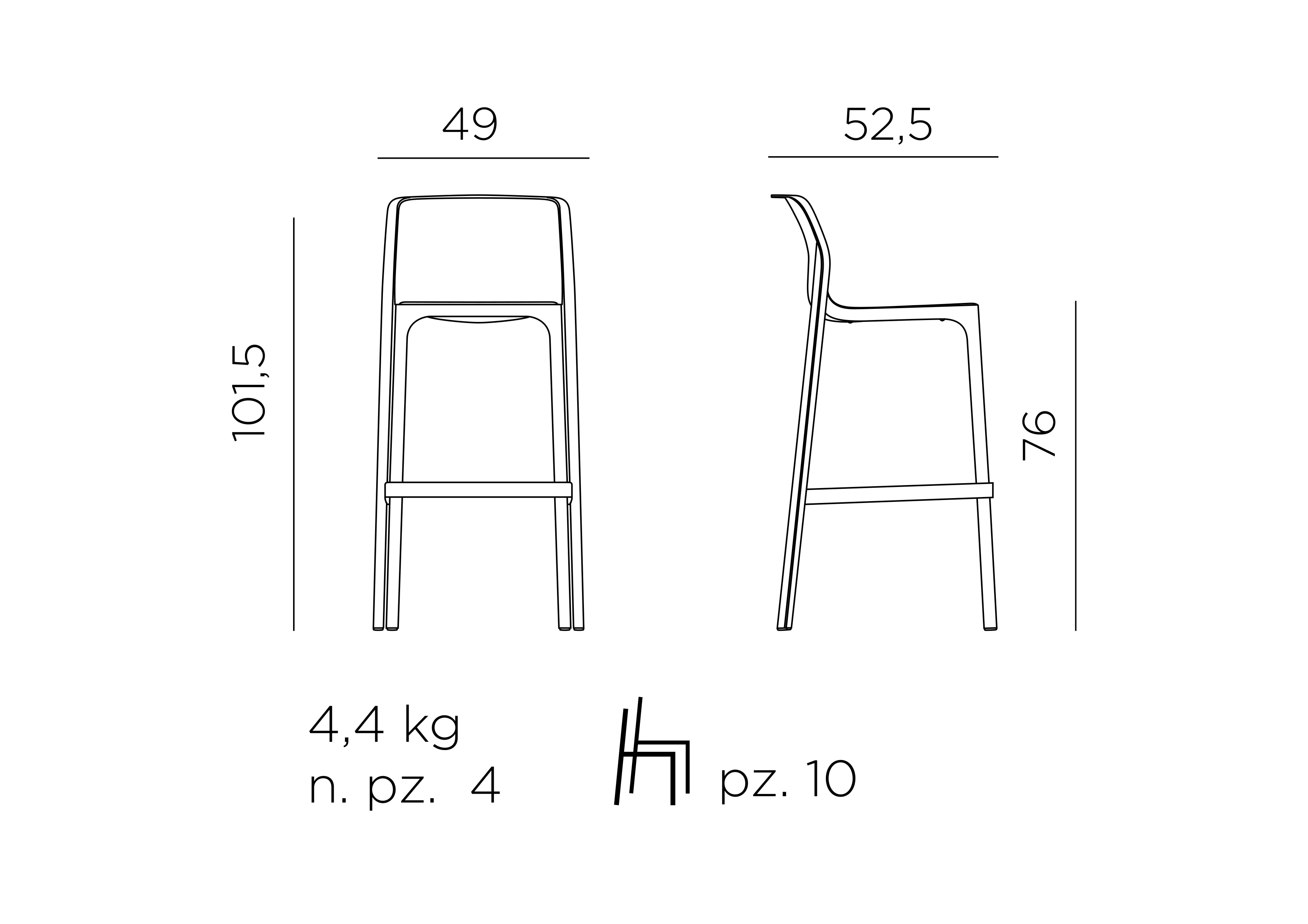 Nardi Net Stool – Outdoor-Barstuhl – Maßzeichnung